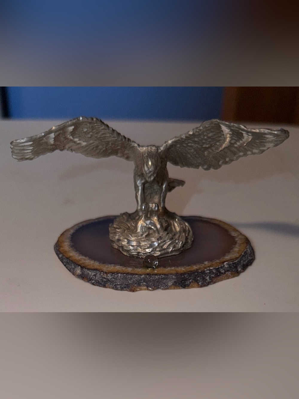 Vintage Pewter American Eagles On Slab Of Geode Figurine
